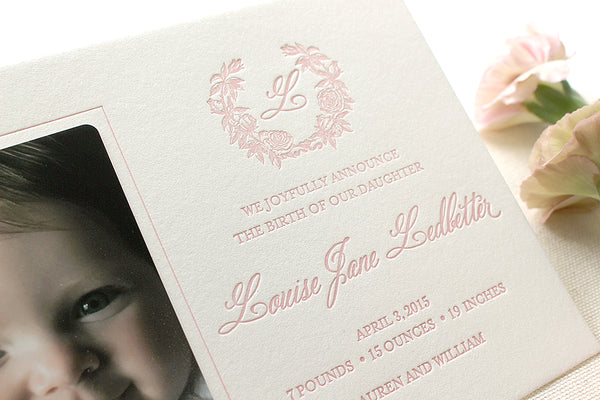 letterpress birth announcements photo floral wreath