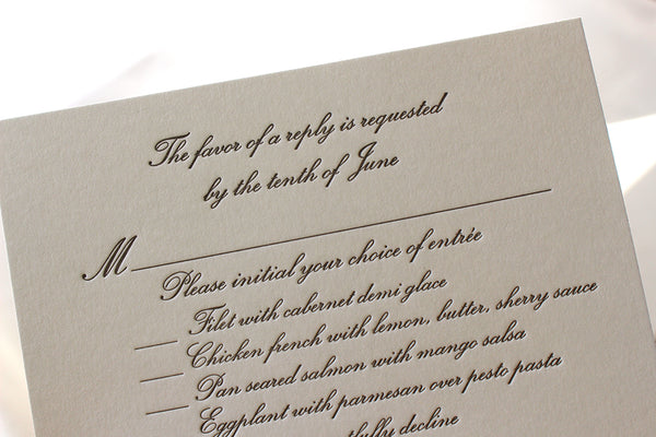 letterpress wedding invitation response card menu conservatory