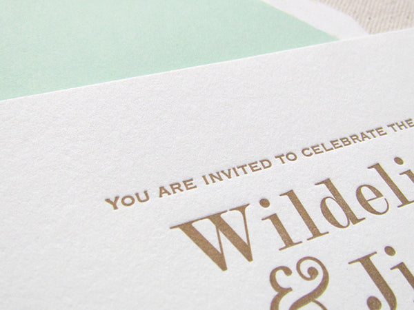 letterpress wedding invitations mint and gold
