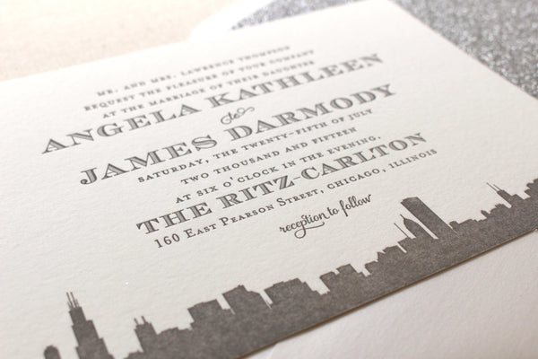 letterpress wedding invitation skyline art deco empire
