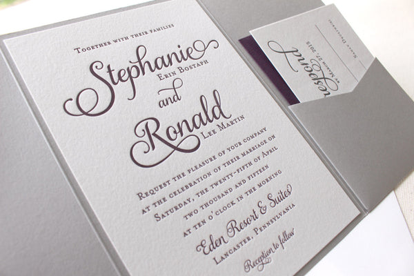 letterpress wedding invitation pocket enclosure violet suite