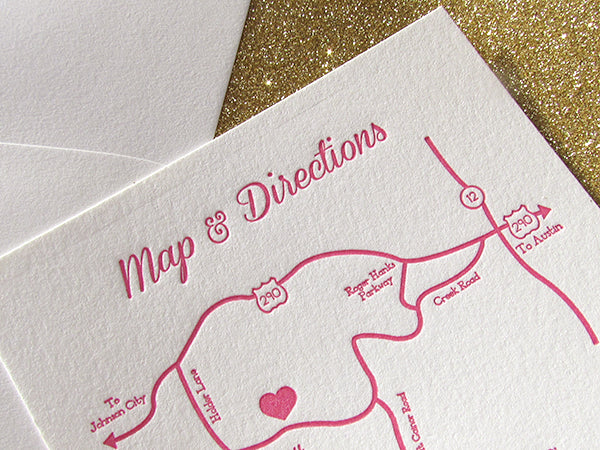letterpress wedding invitation custom map pink and gold