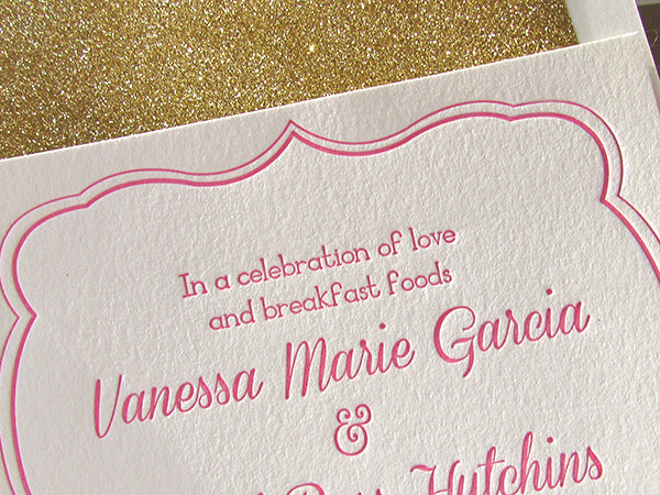 letterpress wedding invitation pink and gold