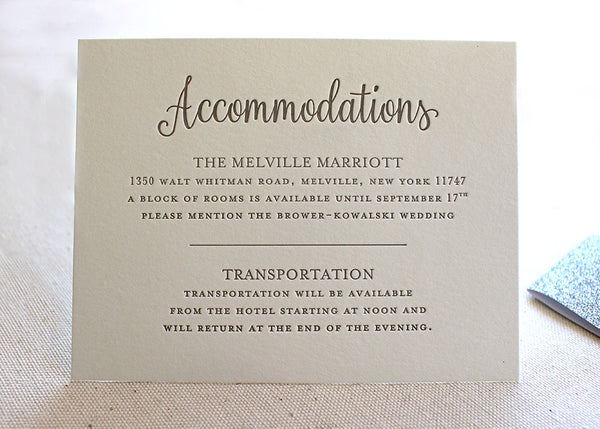 letterpress wedding invitation accommodation card 