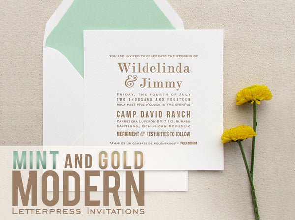 letterpress wedding invitations mint and gold modern