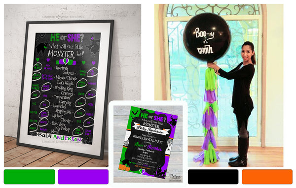 Halloween Gender Reveal Decorations Monster Purple Green theme