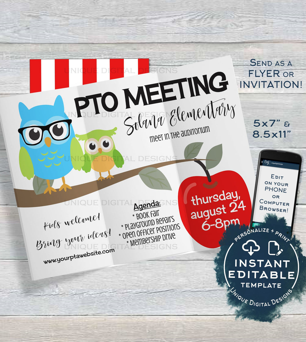 PTA Meeting Invitation, Editable Parent Teacher Invite, pto ptsa Schoo
