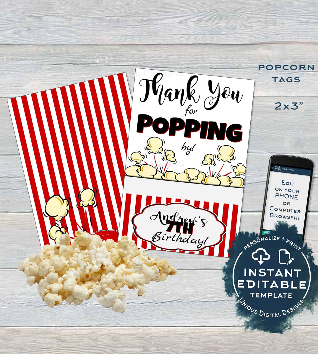 Popcorn Tag, Editable Popcorn Party Favor Labels, Food Tag Birthday Pa