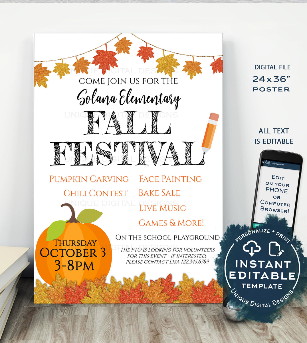 Fall Festival POSTER, Editable Fall Harvest Invitation, Printable Hall