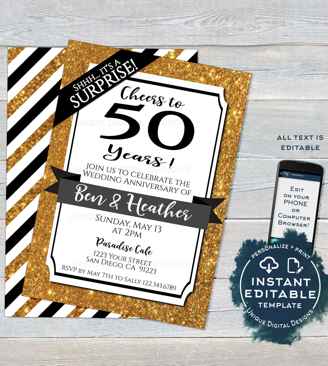 50th Anniversary Invitation, Editable Fiftieth Golden Wedding Annivers