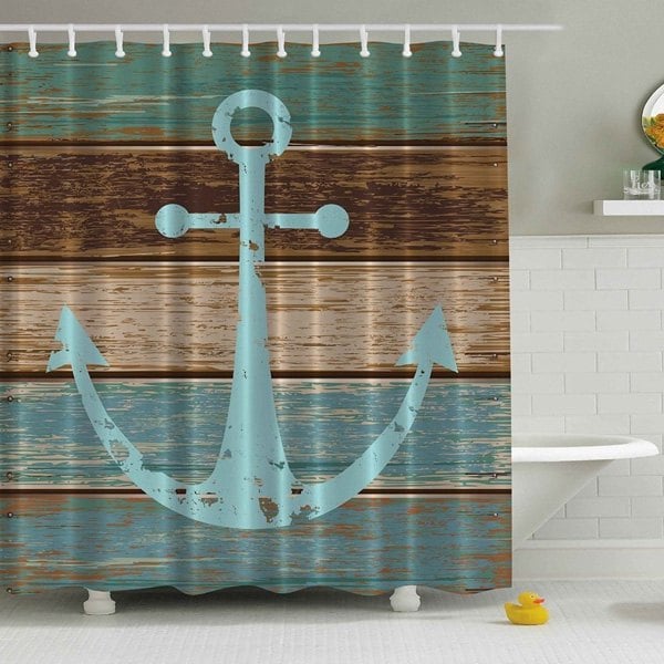 Anchor Blue Shower Curtain Bath Mat Toilet Cover Rug Retro Art Bathroom Decor 