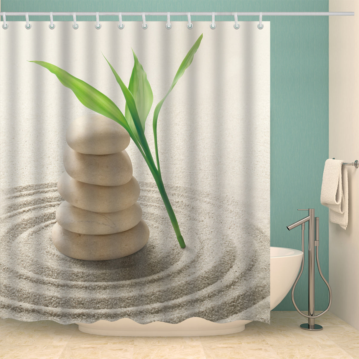 Spa Shower Curtain Meditation Stones Bamboo Print for Bathroom 70 Inches Long