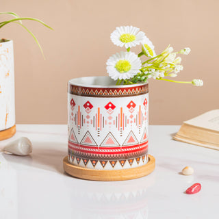 Noor Art Multicolor Ceramic Planter With Wooden Coaster