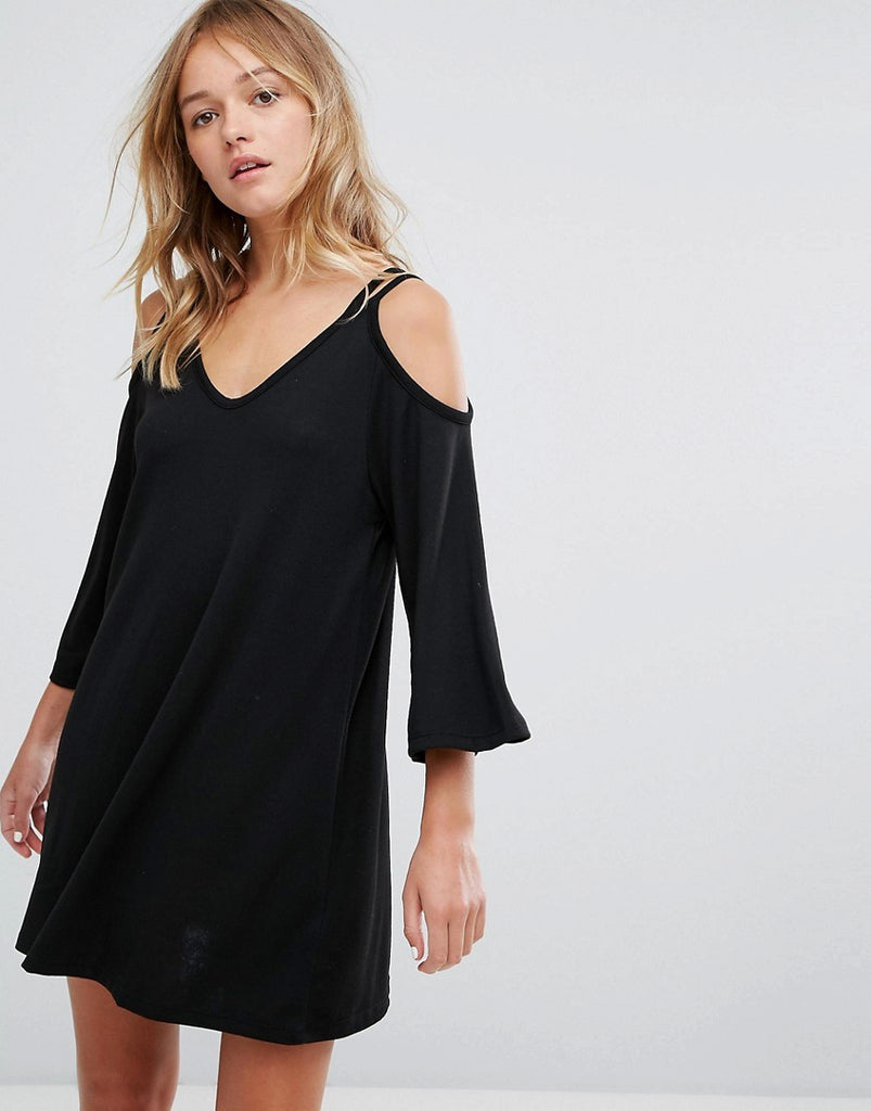 Bear Cold Shoulder Jersey Dress - Black 