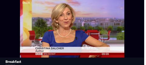 Christina Dalcher wearing pearls on Breakfast TV