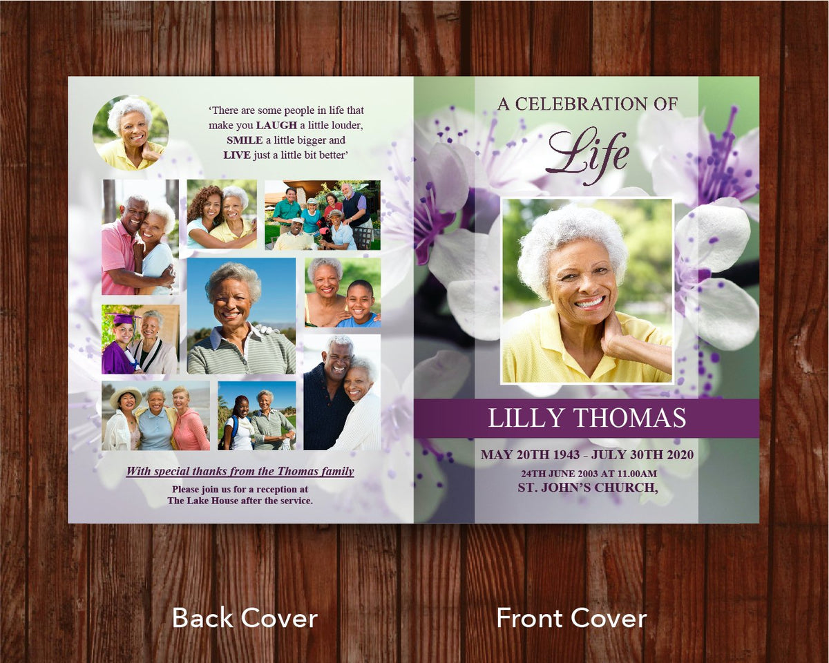 4 Page Funeral Program Template 11 X 17 Inches Purple Blossom