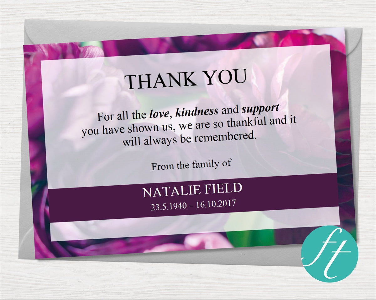 Funeral Thank You Card Purple Peonies Funeral Templates