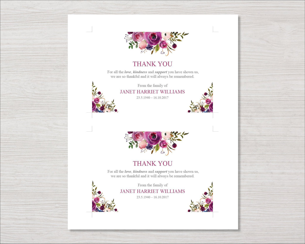Funeral Thank You Card Purple Roses Funeral Templates