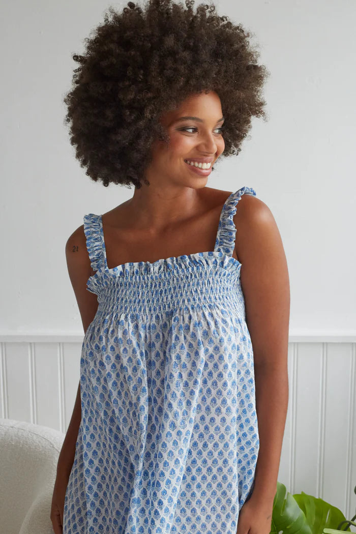 Tulip Smocked Ruffle Nightie in White And Neelam Blue By Dilli Grey - S-XL