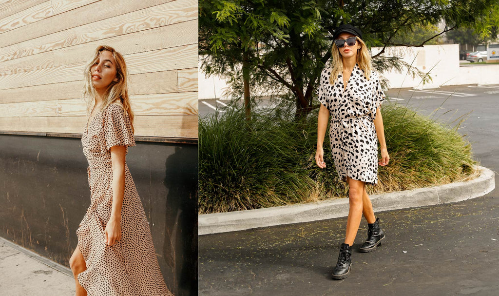 a woman wearing a long, flowy tan dress and a woman wearing a short, spotted dress