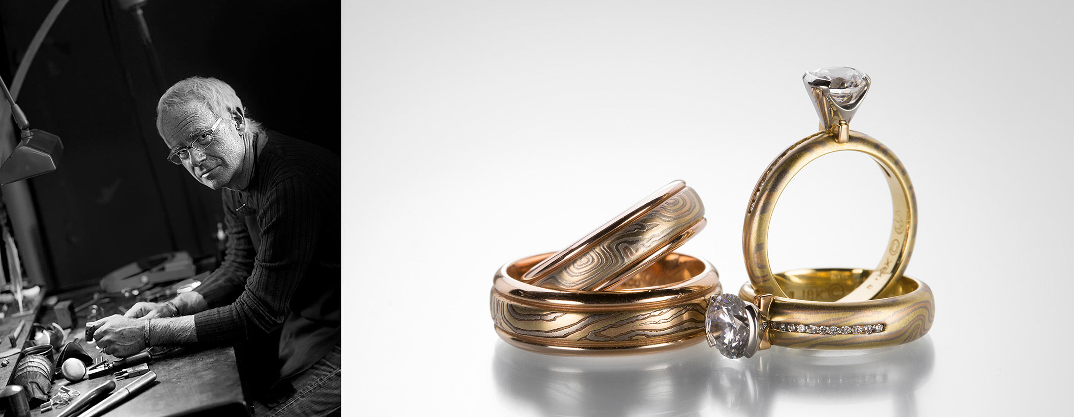 George Sawyer | Designer Jewelry | Shop George Sawyer jewelry at Quadrum, located in the Greater Boston Area, featuring a collection of women and men's mokume gane wedding bands and mokume gane engagement rings.