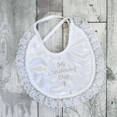 my christening day embroidered bib with lace