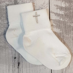 baby boy white christening socks with cross