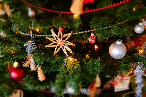 Closeup of Christmas decorations hanging on a tree