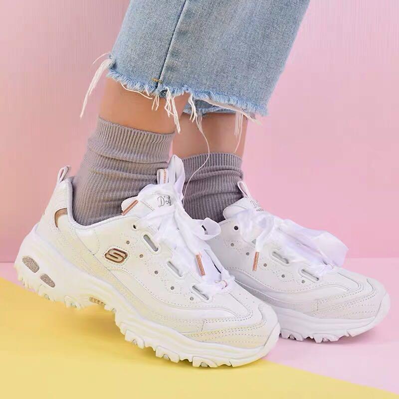 white and rose gold sketchers