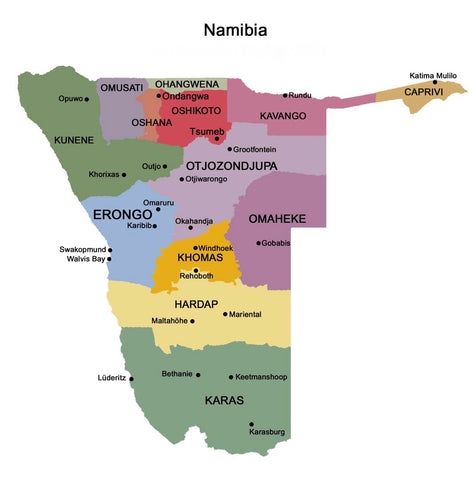 Namibia divided into it's regions