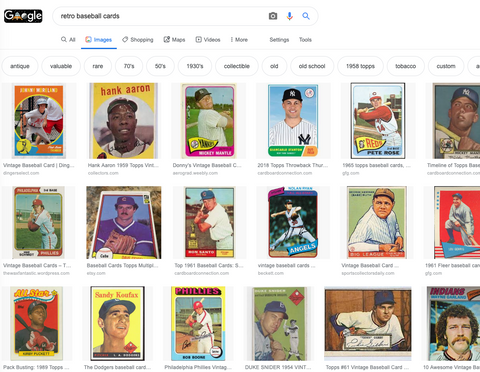 google search for baseball cards