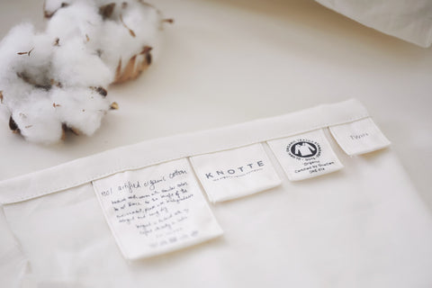 Knotte Logo and tags on all bedding products with cotton ball