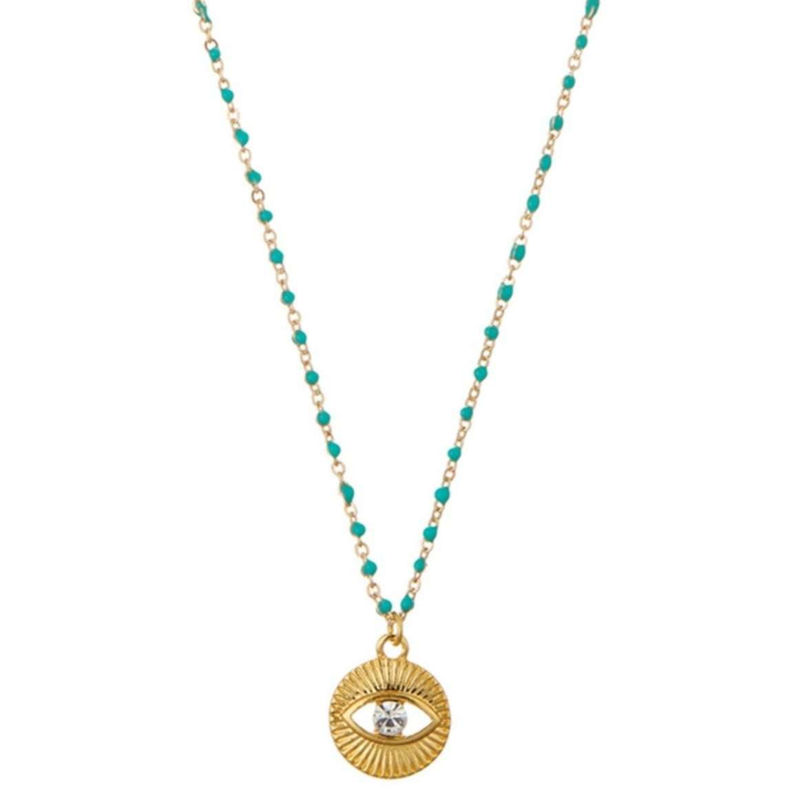 Turquoise Beaded Evil Eye Disc Charm Necklace - Orelia London