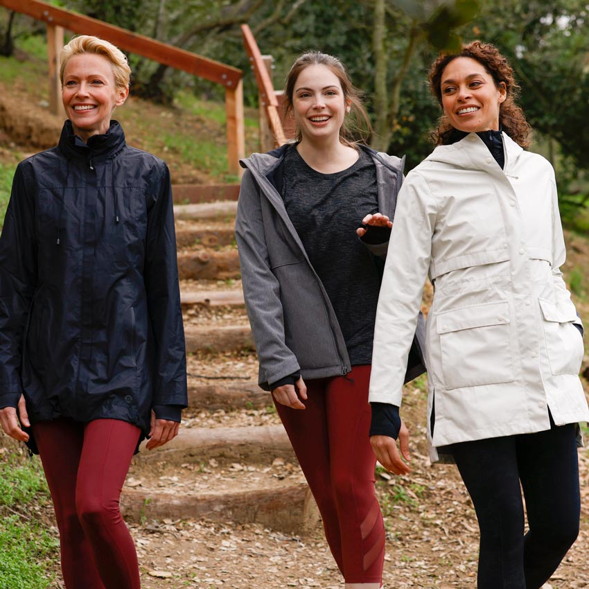 Mondetta female models on a hiking trail, wearing Mondetta brand activewear