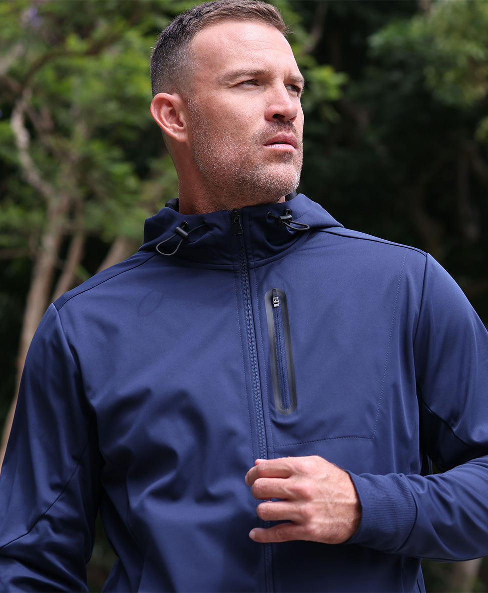 Mondetta male model wearing the navy blue Axiom hooded jacket