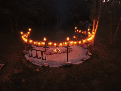 Custome fire pit lit up at night