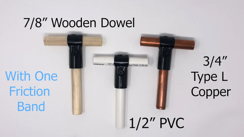 7/8" dowel, 1/2" PVC, and 3/4" type l copper piping with one friction band