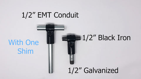 1/2" EMT conduit, 1/2" galvanized, and 1/2" black iron pipe with one shim