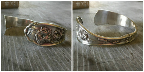 Upcycled Silverware Spoon Cuff Bracelet Featuring Victorian Flower Motif of a Carnation