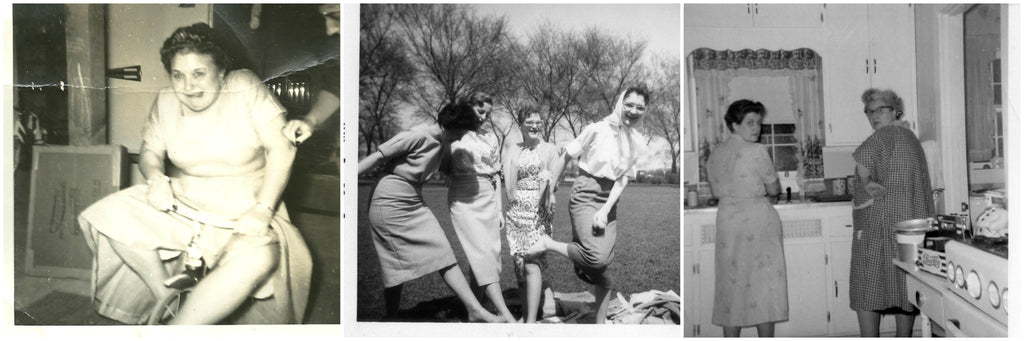 Collage of Vintage Photos Woman on Tricycle Ladies in 1960s Kitchen and Young Women in Park with Scarves on their Heads