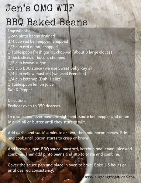 Laughing Frog Studio's Recipe for Homemade BBQ Baked Beans with photo of beans in bowl with vintage silverplate spoon