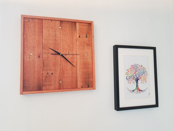 Reclaimed Hardwood Timber Wall Clock (4 Brass Indicators)