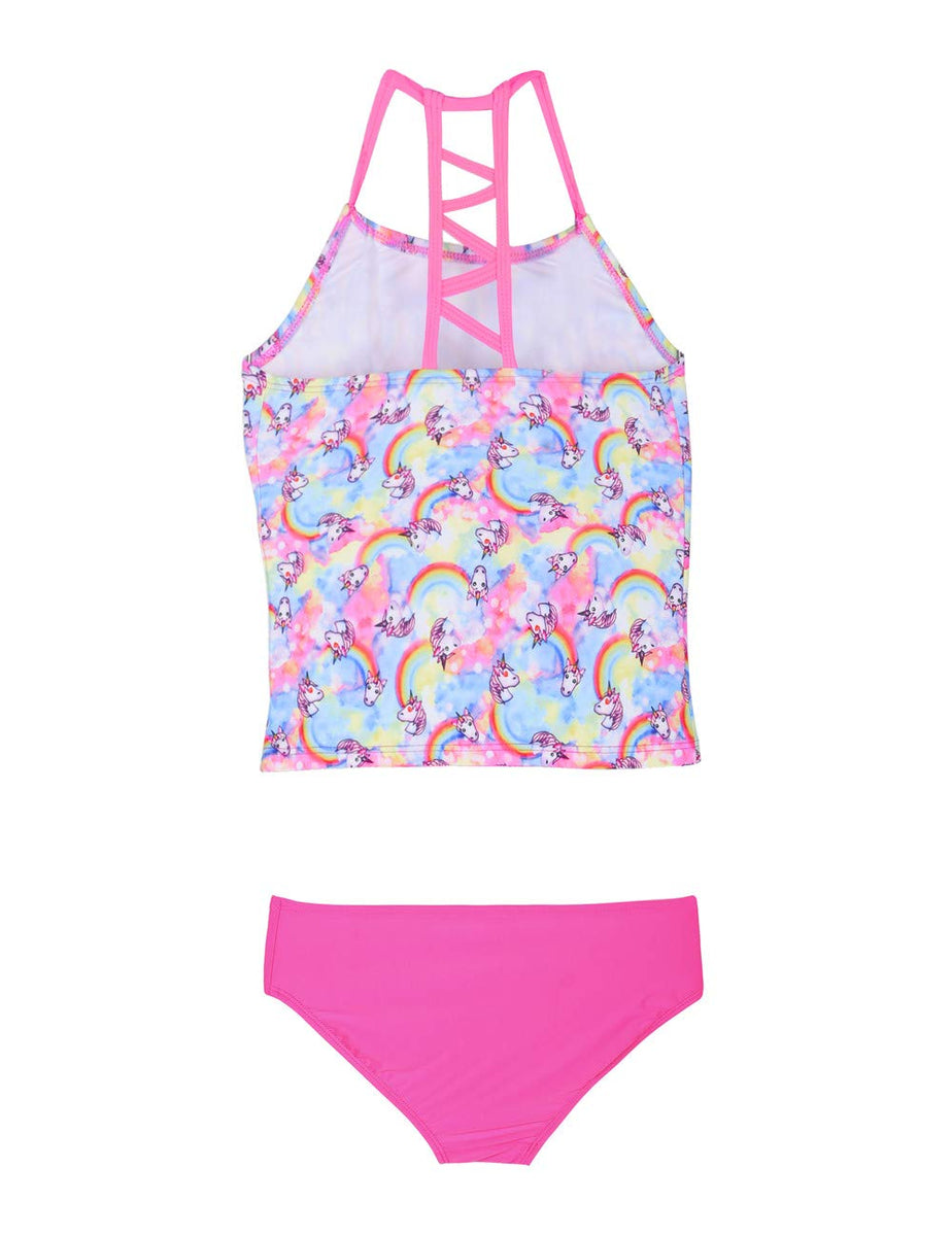 Firpearl Girls Two Piece Swimsuit Rainbow Unicorn Print Flounce Tankini Kids Swimwear 