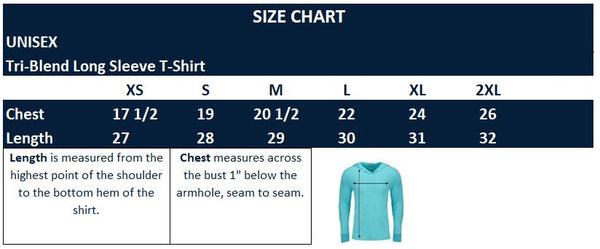 Original Hippie Unisex Tri-Blend Long Sleeve T-Shirt Size Chart