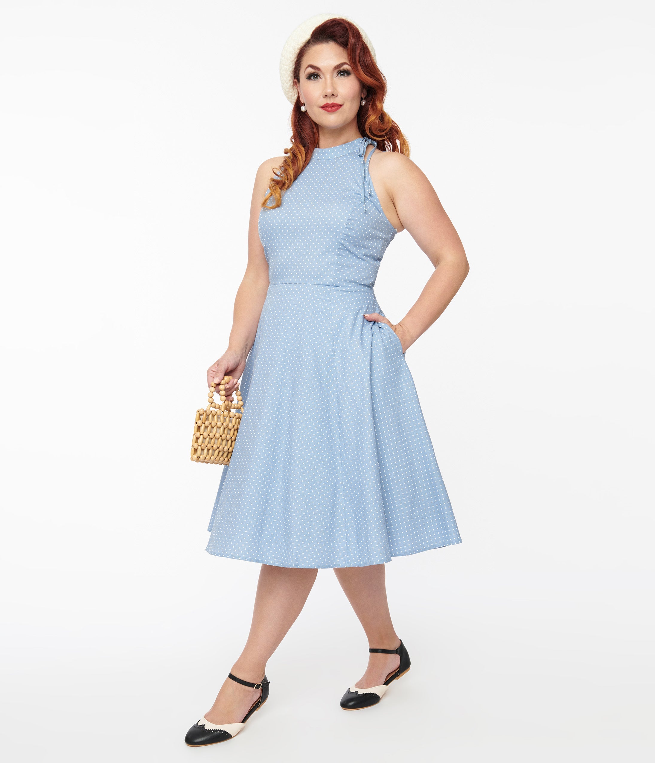 

1940S Sky Blue & White Dot Halter Hattie Cotton Swing Dress
