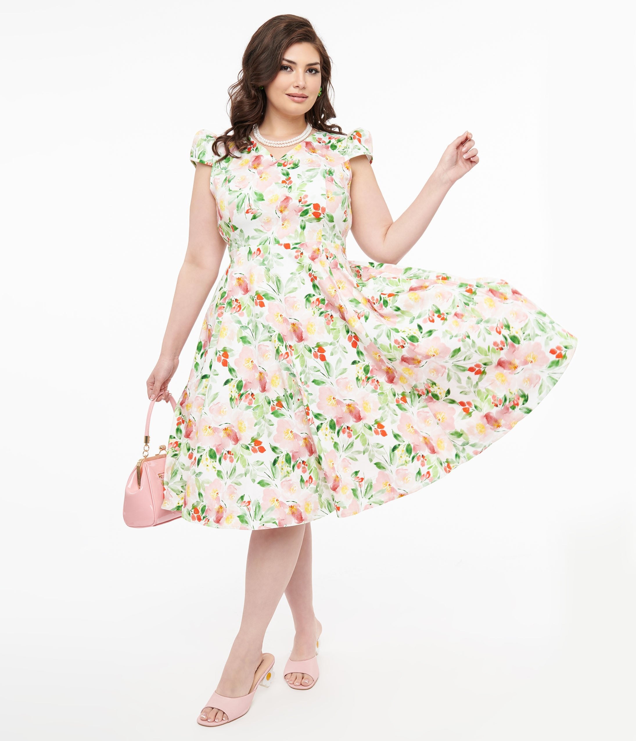 

1950S Pink & Green Floral Cotton Larisa Swing Dress
