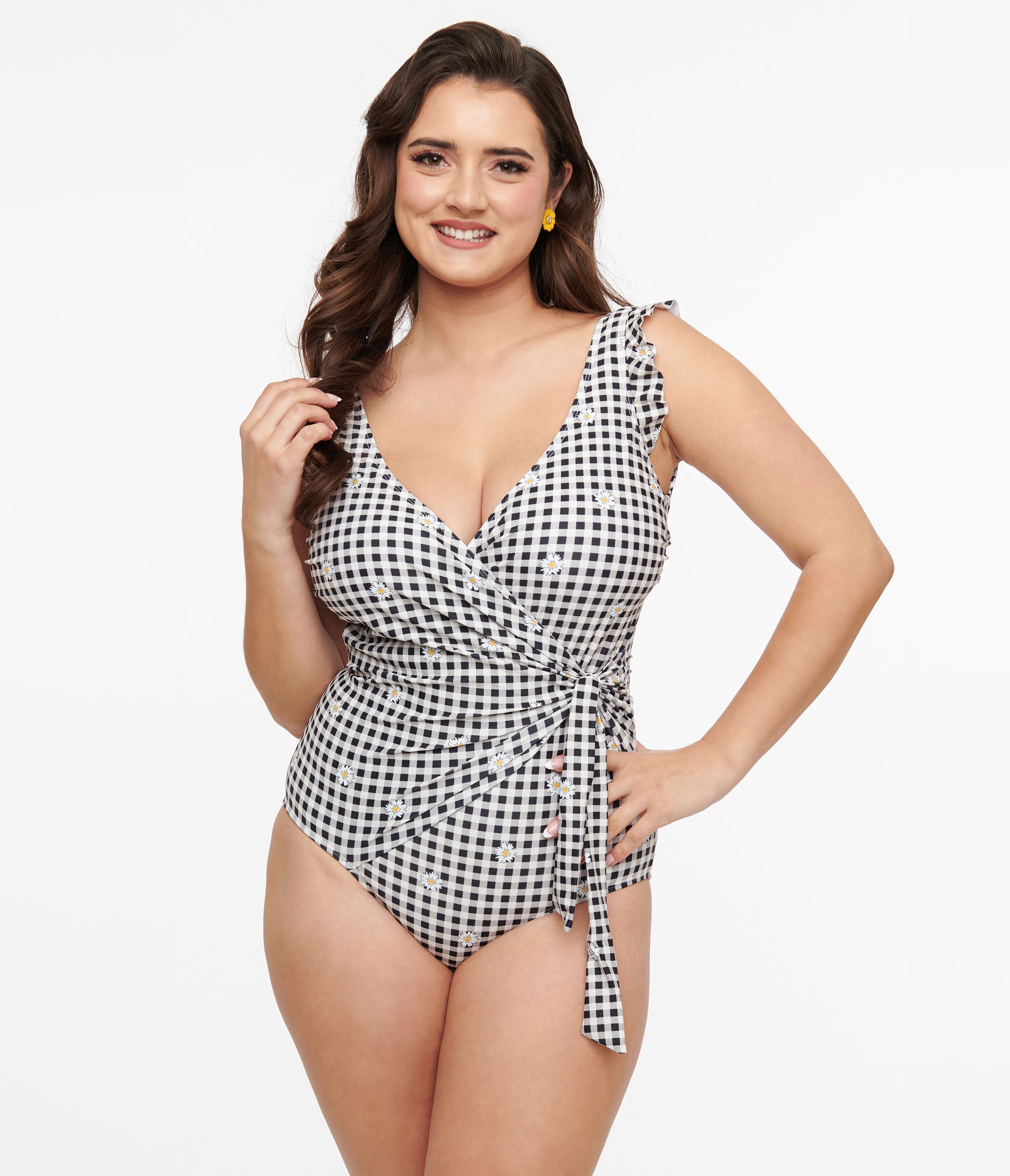 

Black & White Daisy Gingham Wrap One Piece Swimsuit