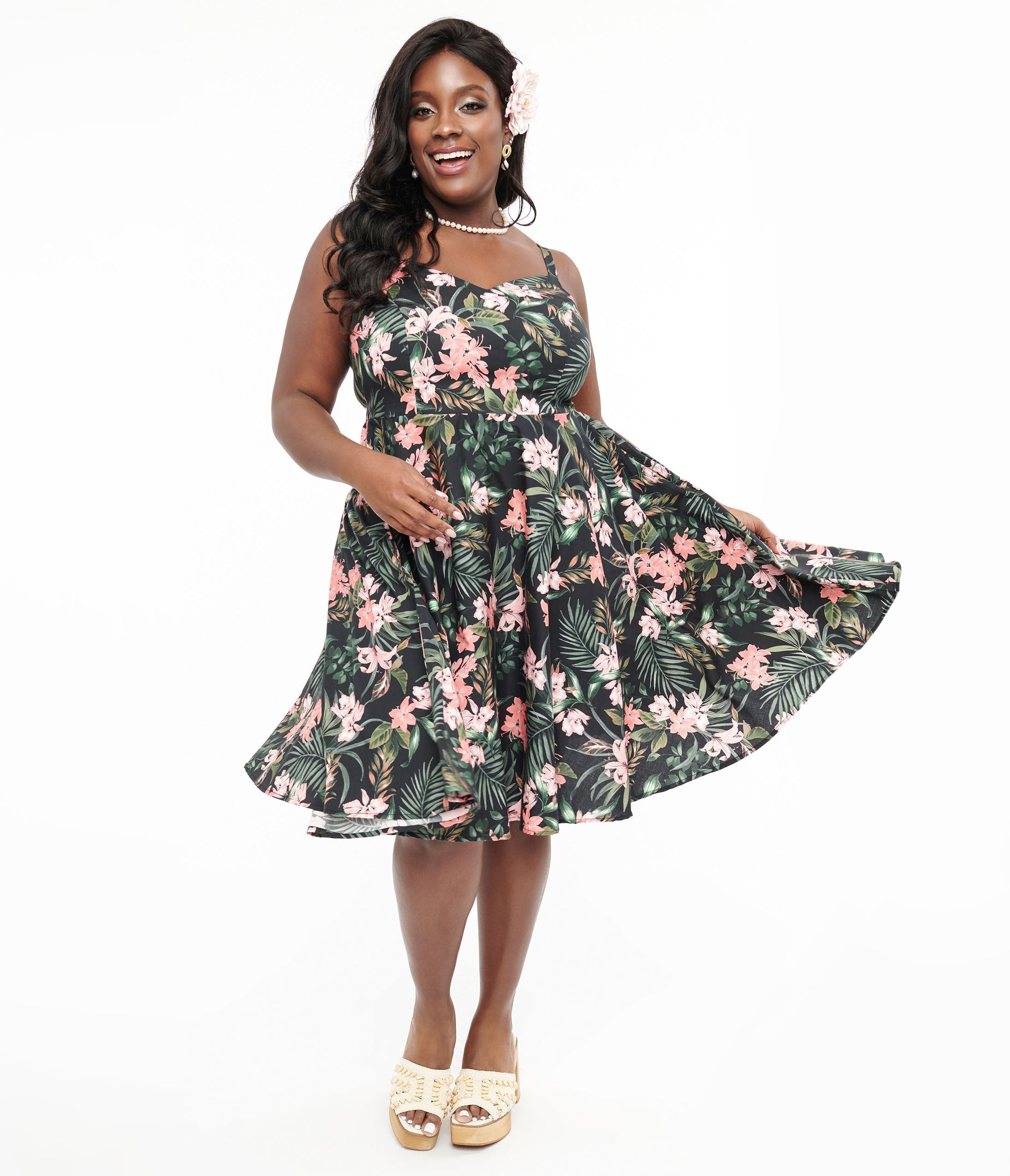 

Hell Bunny Plus Size 1950S Black & Pink Tropical Floral Print Cotton Calypso Swing Dress