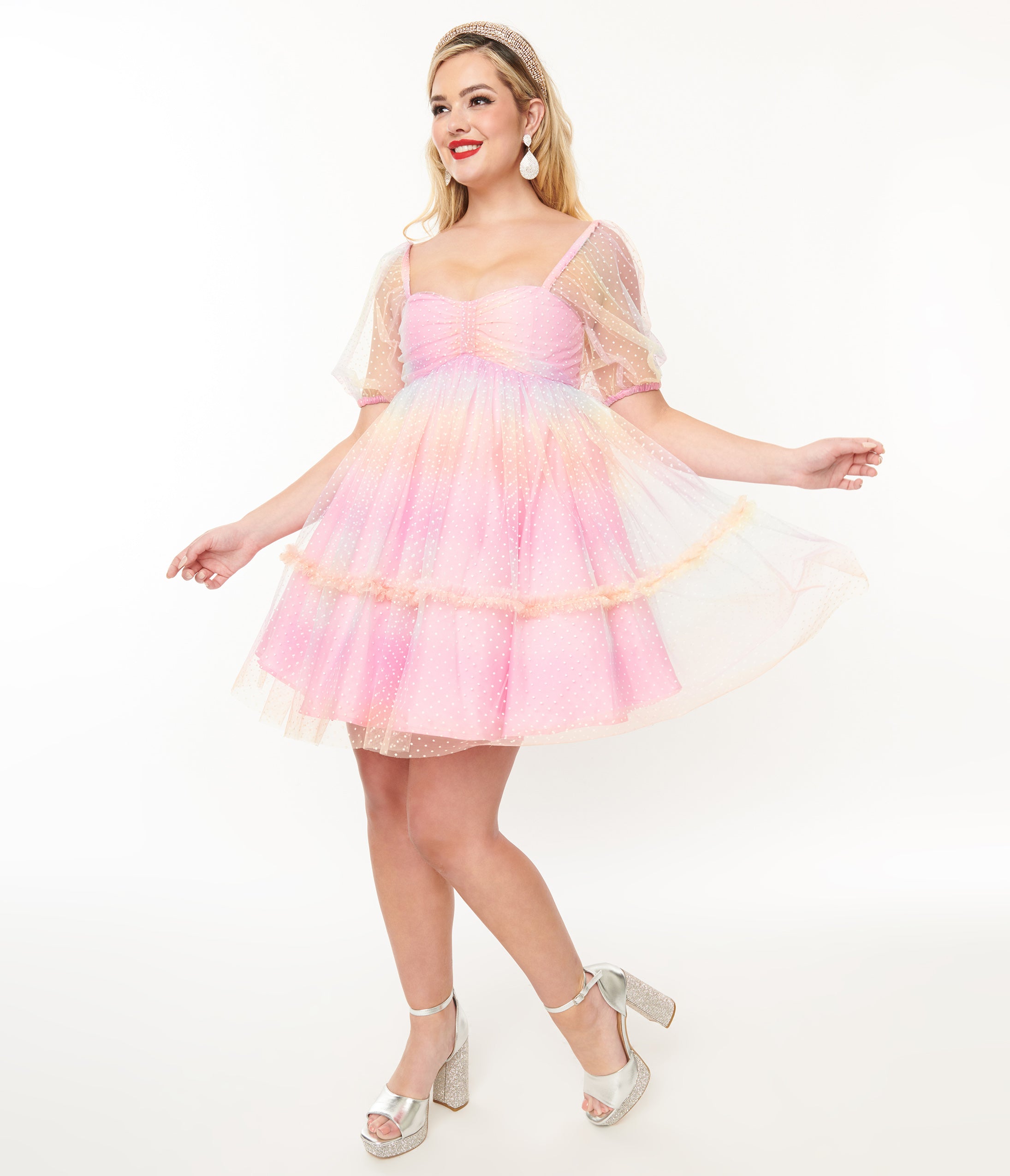 

Smak Parlour 1960S Pink Rainbow Polka Dot Babydoll Dress