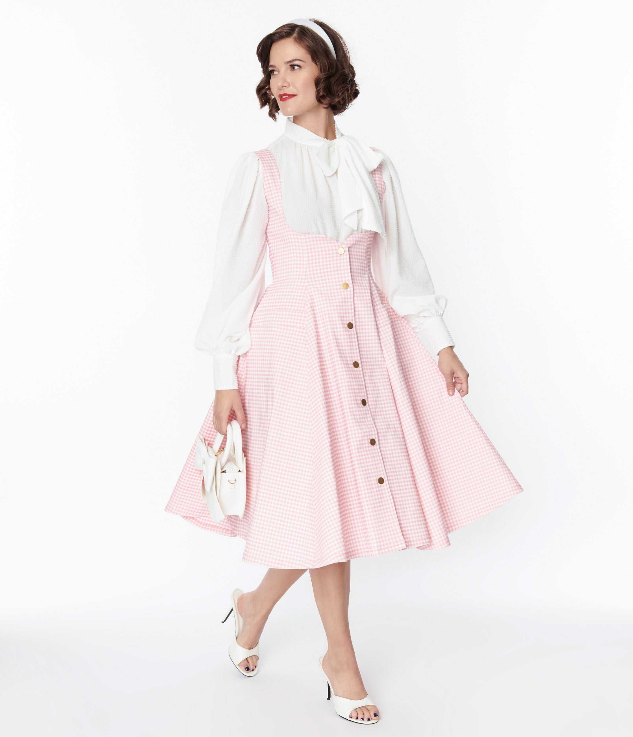 

Unique Vintage Pink & White Gingham Button Suspender Swing Skirt